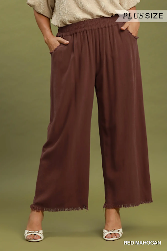 Frayed Hem Wide-Leg Pants RED MAHOGANY