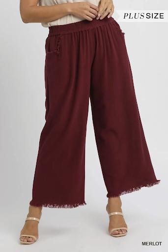 Plus Size Frayed Hem Wide-Leg Pants Merlot