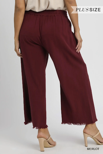 Plus Size Frayed Hem Wide-Leg Pants Merlot
