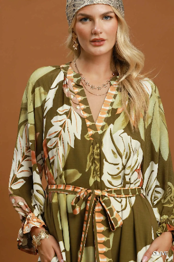 UMGEE Tropical Leaf Print Belted Maxi Dress