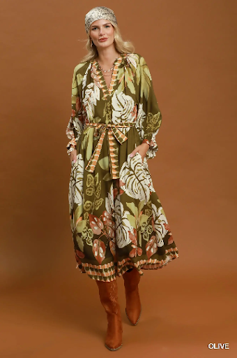 UMGEE Tropical Leaf Print Belted Maxi Dress