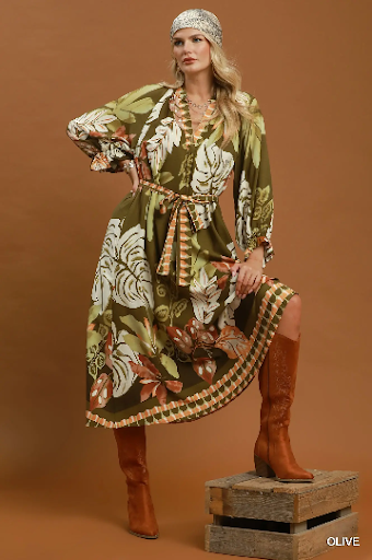 UMGEE Tropical Leaf Print Belted Maxi Dress