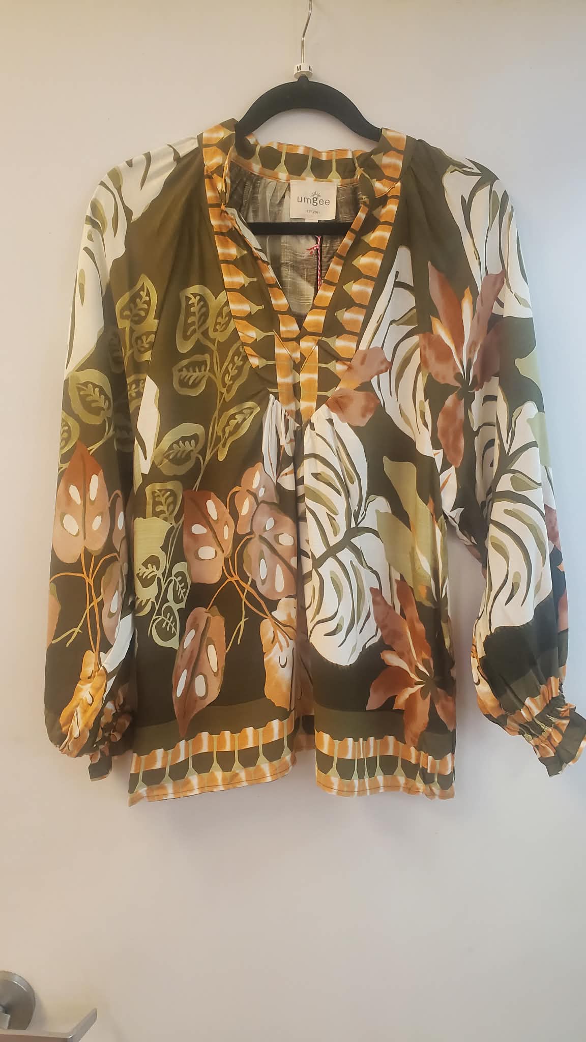UMGEE Tropical Border Print Split Neck Blouse Olive