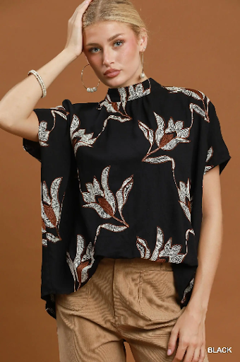 UMGEE Embroidered Floral Mock Neck Dolman Sleeve Top