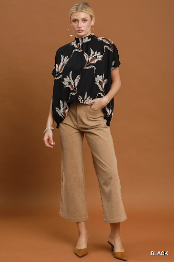 UMGEE Embroidered Floral Mock Neck Dolman Sleeve Top