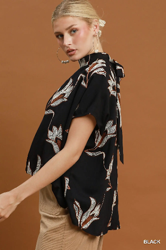 UMGEE Embroidered Floral Mock Neck Dolman Sleeve Top