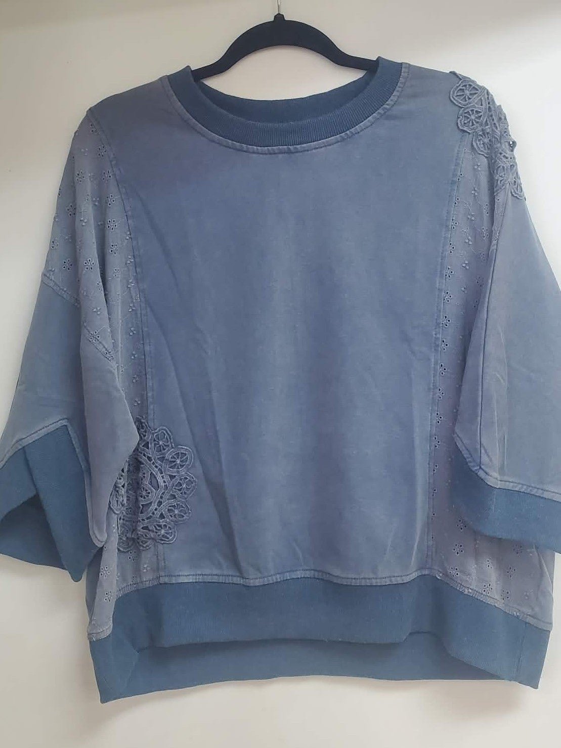 Dolman Sleeve Mineral Washed Sweatshirt With Eyelet and Patch Detail