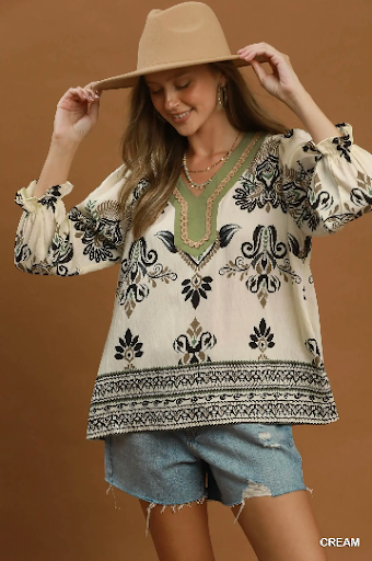 Border Print V-Neck Blouse
