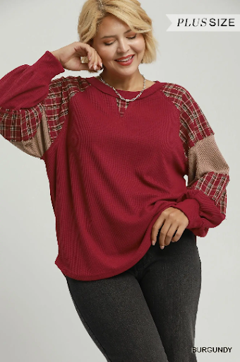 UMGEE Plaid Patchwork Thermal Knit Top