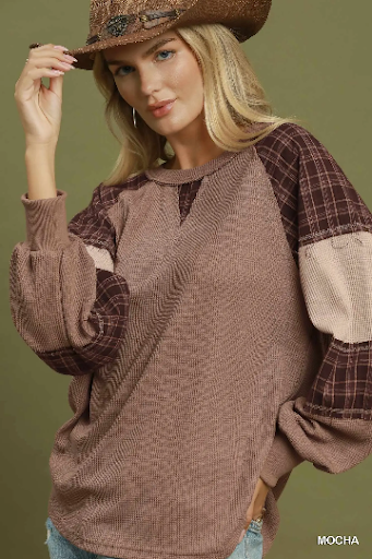 UMGEE Plaid Patchwork Thermal Knit Top