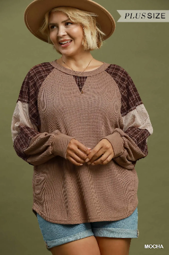 UMGEE Plaid Patchwork Thermal Knit Top