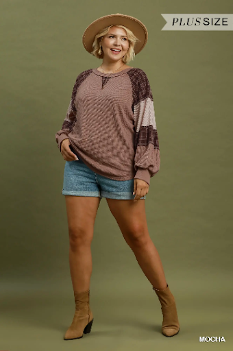 UMGEE Plaid Patchwork Thermal Knit Top