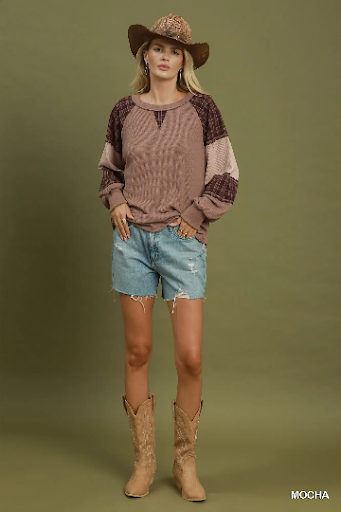 UMGEE Plaid Patchwork Thermal Knit Top