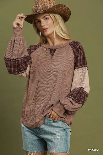 UMGEE Plaid Patchwork Thermal Knit Top