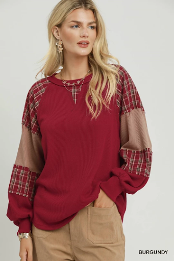 UMGEE Plaid Patchwork Thermal Knit Top