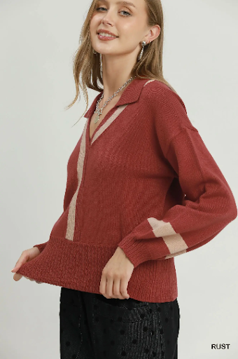 UMGEE Contrast Stripe Collared V-Neck Knit Sweater