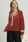 UMGEE Contrast Stripe Collared V-Neck Knit Sweater