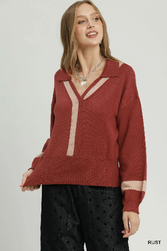 UMGEE Contrast Stripe Collared V-Neck Knit Sweater