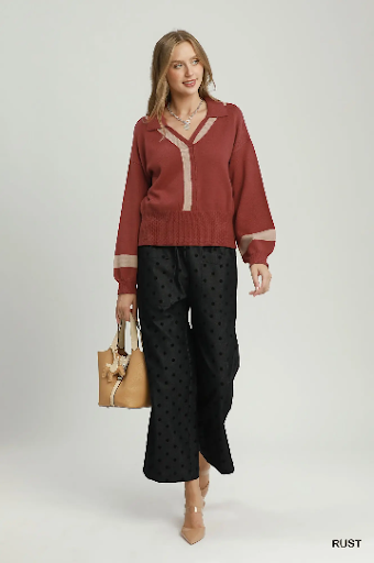 UMGEE Contrast Stripe Collared V-Neck Knit Sweater