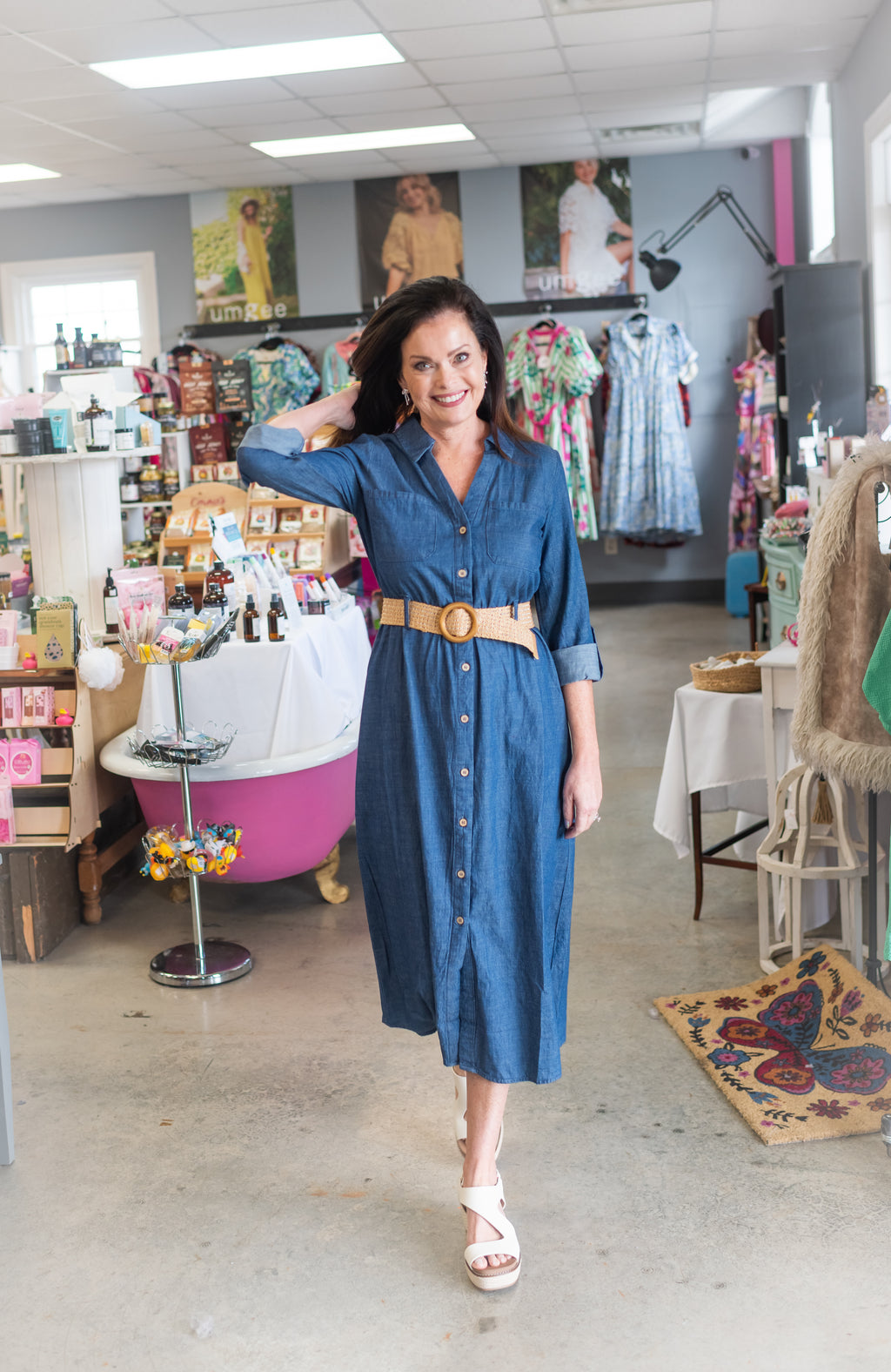 3/4 TAB SLEEVE BUTTON DOWN BELTED DENIM DRESS