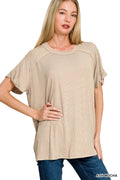Zenana WASHED RIBBED SHORT SLEEVE BOAT-NECK TOP ASH MOCHA