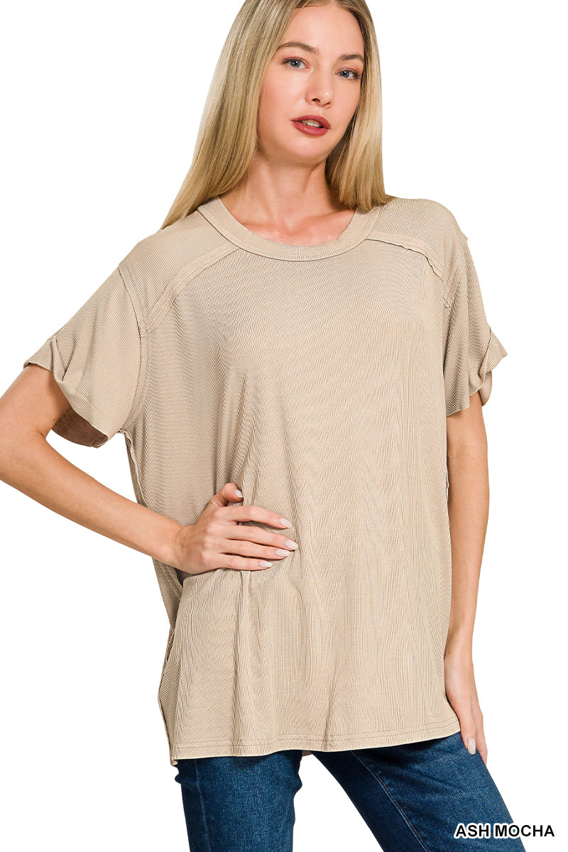 Zenana WASHED RIBBED SHORT SLEEVE BOAT-NECK TOP ASH MOCHA