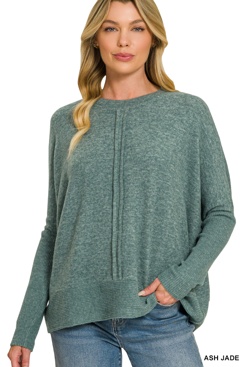 Zenana Brushed melange hacci center seam oversized sweater Ash Jade