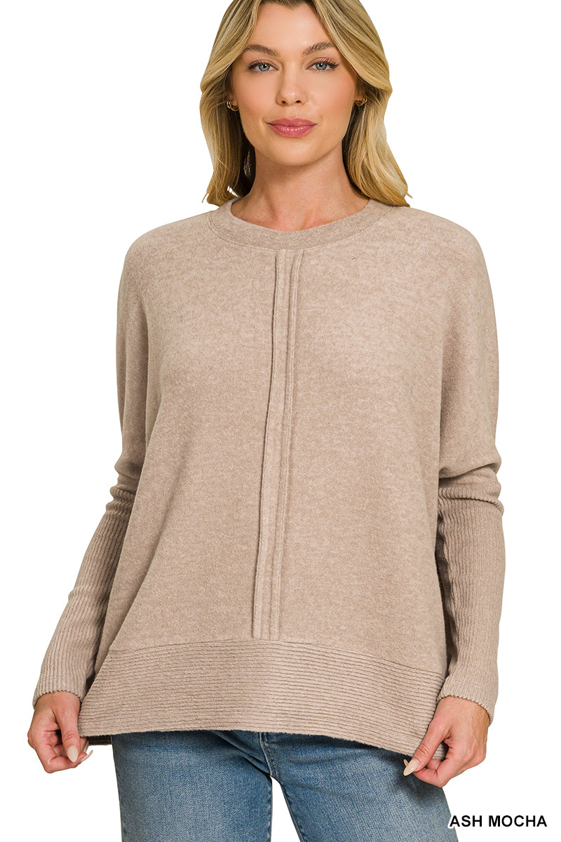 Zenana Brushed melange hacci center seam oversized sweater Ash Mocha