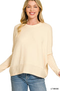 Zenana DOORBUSTER Brushed Mélange Hacci Dolman Sleeve Sweater Light Beige