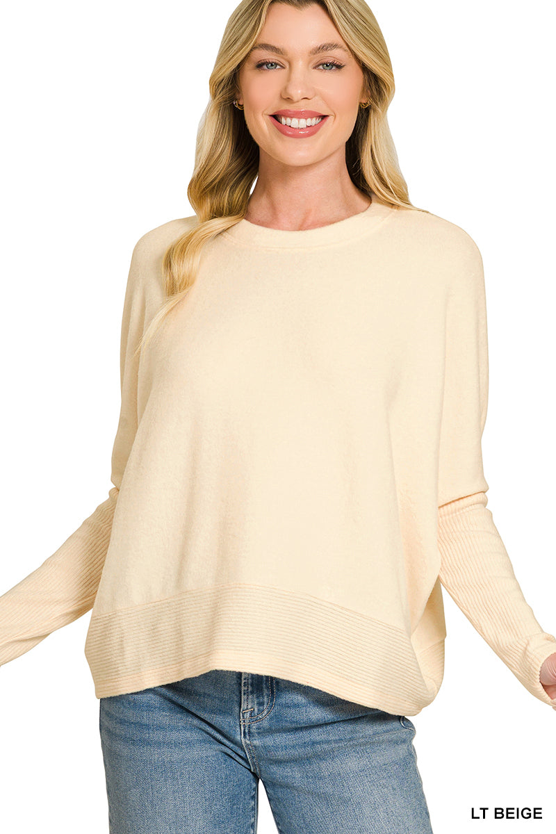 Zenana DOORBUSTER Brushed Mélange Hacci Dolman Sleeve Sweater Light Beige