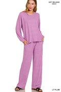 Zenana Soft Mélange Long Sleeve Tee & Pants set Light Plum