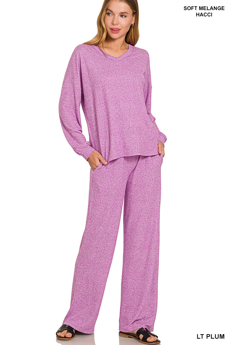 Zenana Soft Mélange Long Sleeve Tee & Pants set Light Plum