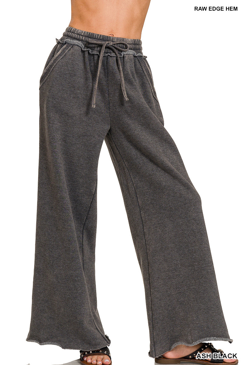 Acid wash fleece palazzo sweatpants with pockets Black
