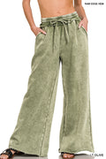 ZENANA Acid wash fleece palazzo sweatpants with pockets Lt Olive
