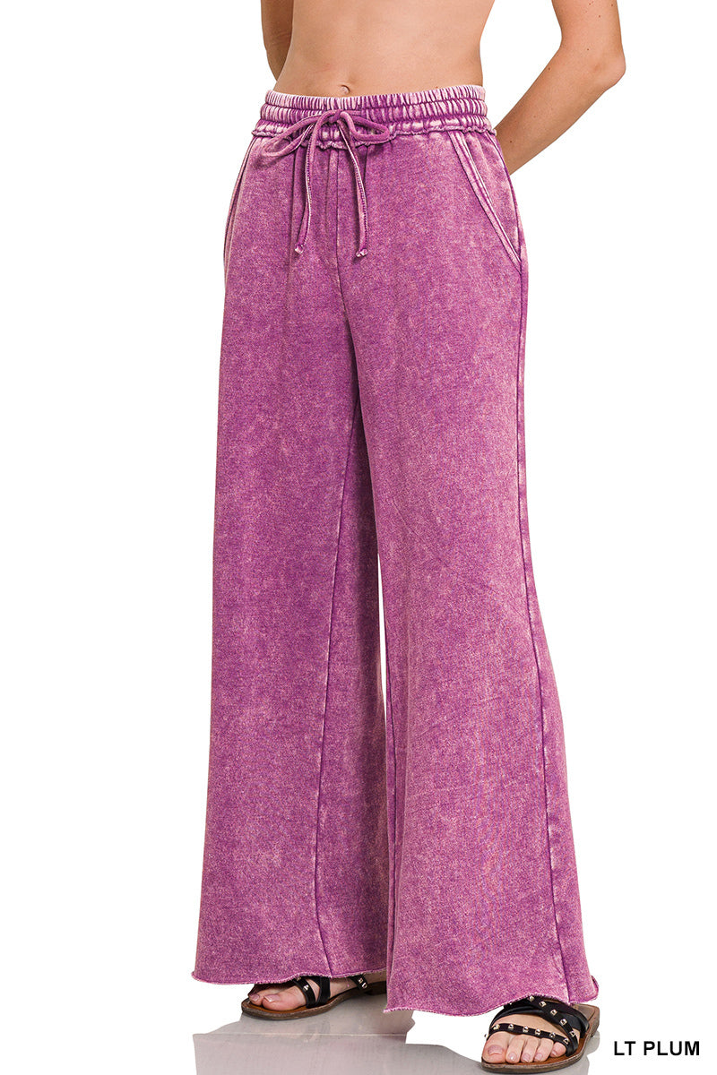 Acid wash fleece palazzo sweatpants with pockets Lt Plum