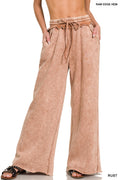 ZENANA Acid wash fleece palazzo sweatpants with pockets Rust
