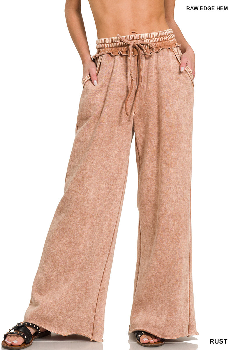 ZENANA Acid wash fleece palazzo sweatpants with pockets Rust