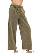 Acid wash fleece palazzo sweatpants with pockets Dark Olive