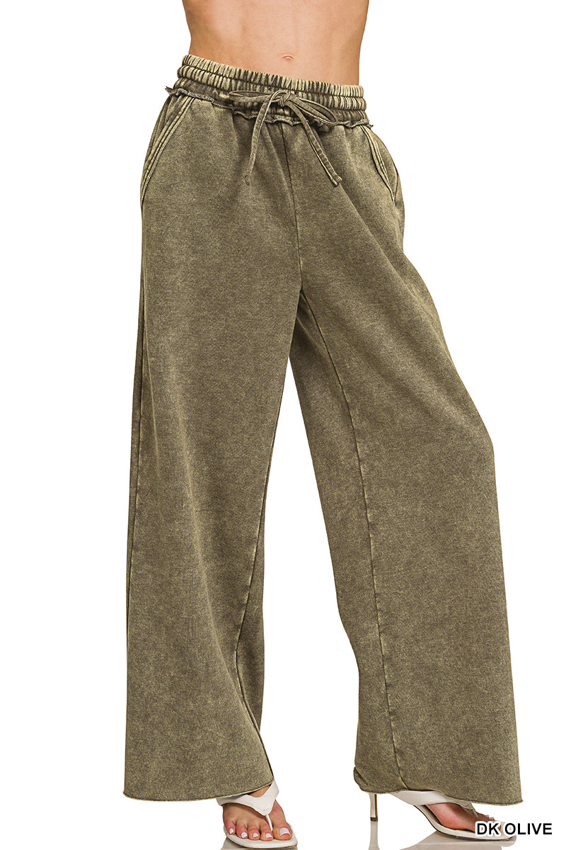 Acid wash fleece palazzo sweatpants with pockets Dark Olive