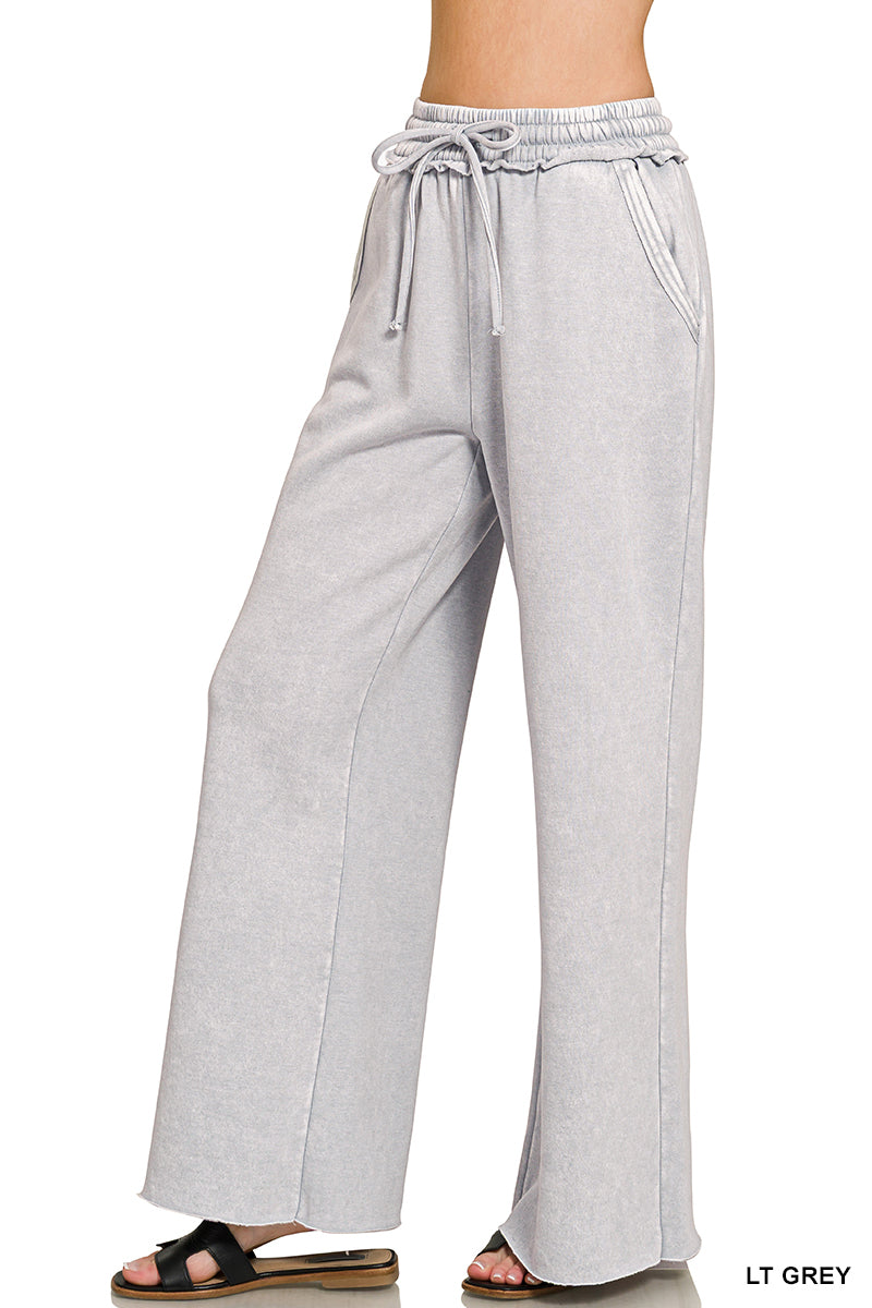 Acid wash fleece palazzo sweatpants with pockets Light Grey