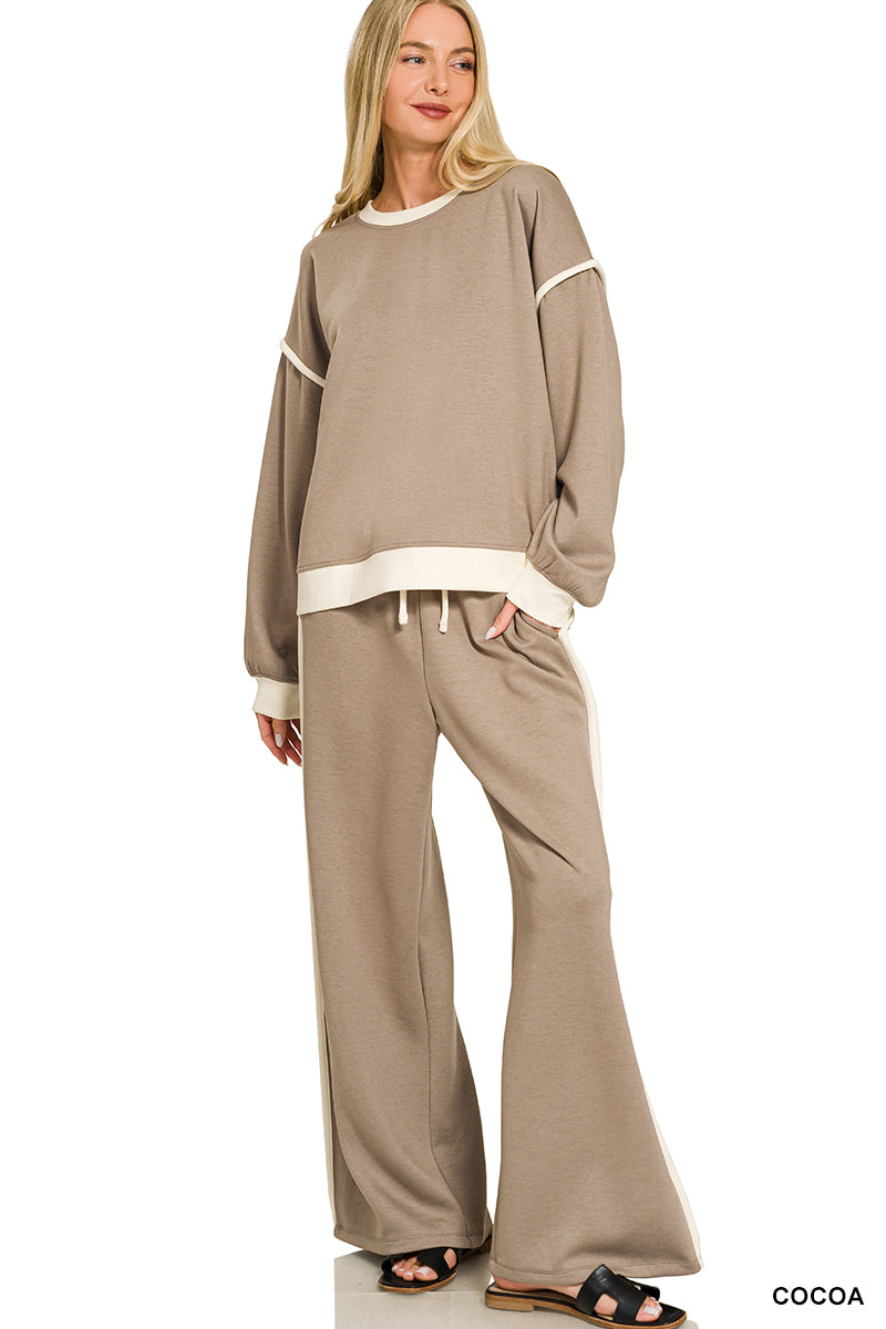Zenana Scuba contrast trim piping detail sweatshirts & pants set Cocoa