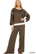 Scuba contrast trim piping detail sweatshirts & pants set Espresso