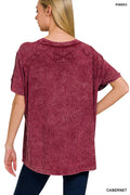 Zenana WASHED RIBBED SHORT SLEEVE BOAT-NECK TOP CABERNET
