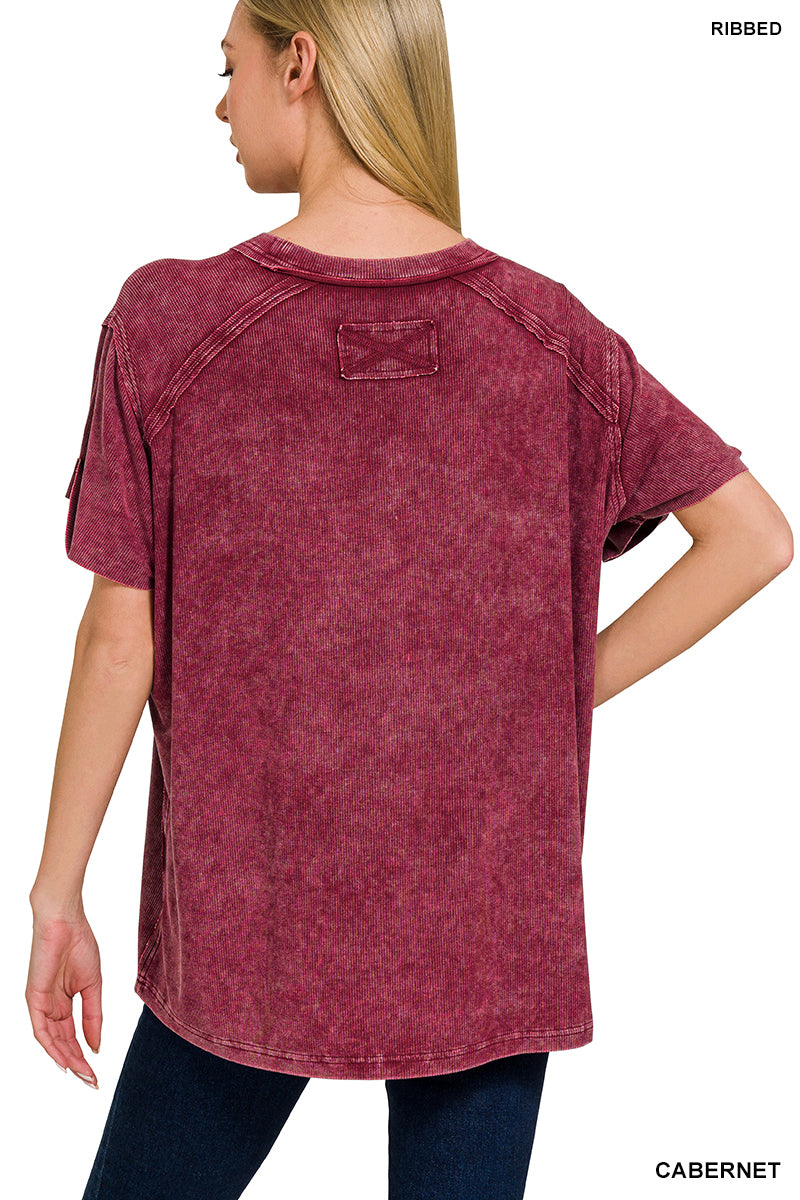 Zenana WASHED RIBBED SHORT SLEEVE BOAT-NECK TOP CABERNET