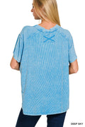 Zenana WASHED RIBBED SHORT SLEEVE BOAT-NECK TOP DEEP SKY