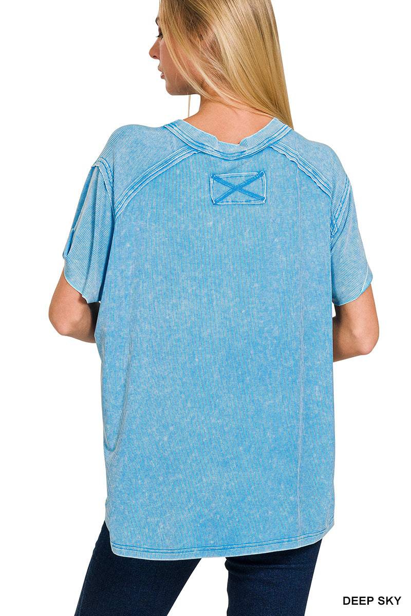 Zenana WASHED RIBBED SHORT SLEEVE BOAT-NECK TOP DEEP SKY