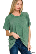 Zenana WASHED RIBBED SHORT SLEEVE BOAT-NECK TOP DARK GREEN