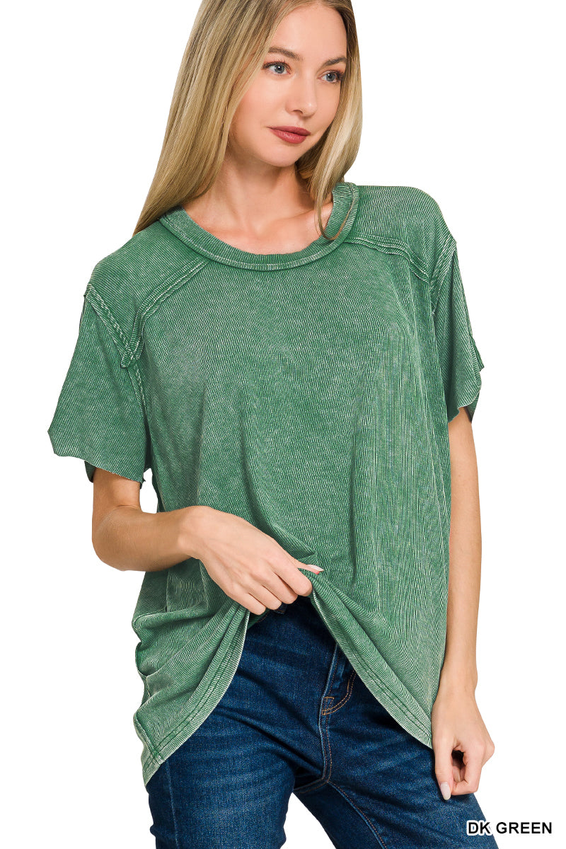 Zenana WASHED RIBBED SHORT SLEEVE BOAT-NECK TOP DARK GREEN