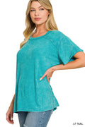 Zenana WASHED RIBBED SHORT SLEEVE BOAT-NECK TOP LIGHT TEAL