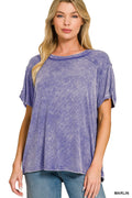 Zenana WASHED RIBBED SHORT SLEEVE BOAT-NECK TOP MARLIN BLUE